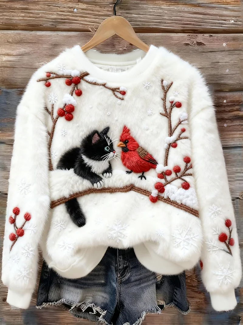 Sudadera de Franela con Arte de Gato Navideño Suave para Mujeres