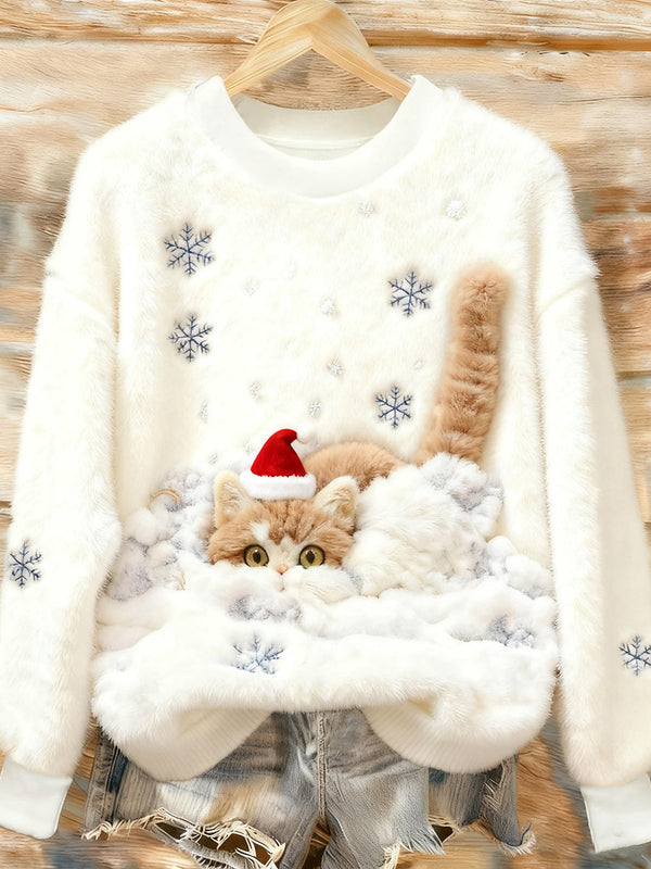Sudadera de Franela Casual con Estampado de Gato Navideño para Mujeres