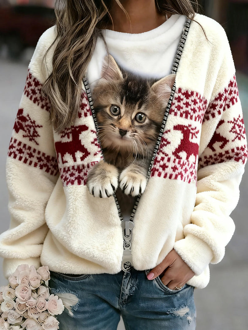 Sudadera de Franela Cómoda con Arte Animal Retro Navideño para Mujeres