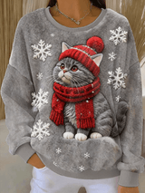 Sudadera con Capucha de Franela Casual con Estampado de Gato de Navidad para Mujeres