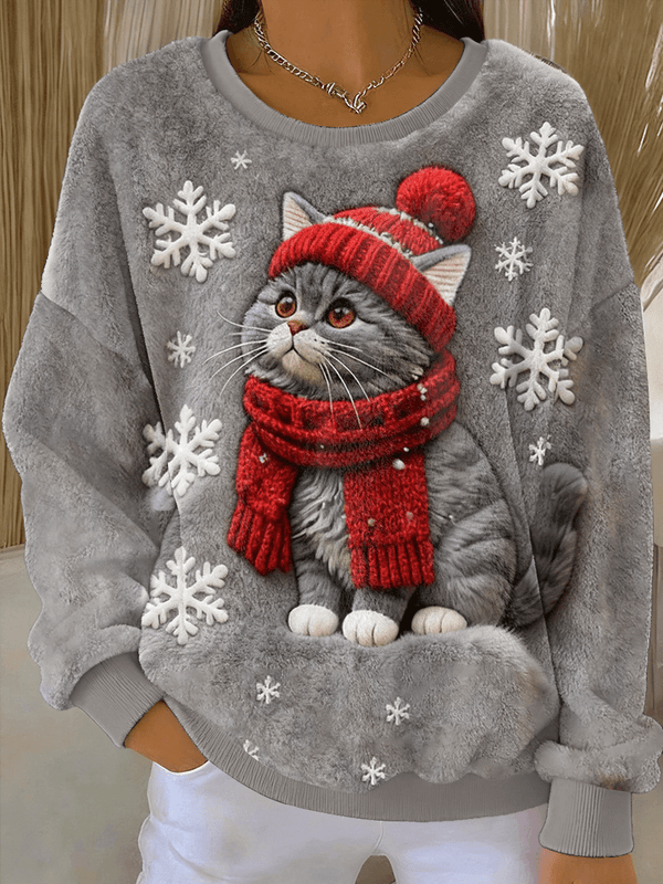 Sudadera con Capucha de Franela Casual con Estampado de Gato de Navidad para Mujeres