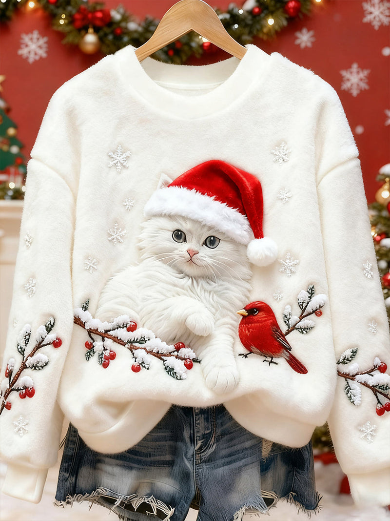Sudadera de Franela Casual con Arte de Gato de Navidad para Mujeres